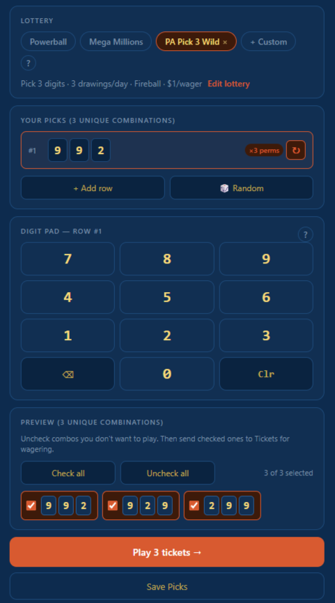 Wheel Any Lottery — digit game picker