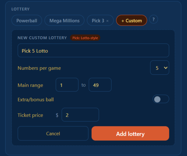 Custom lottery form showing name field, numbers per game dropdown, main range inputs, and extra ball toggle