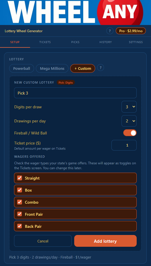 Custom digit lottery form with Pick:Digits tag, digits-per-draw selector, drawings-per-day, Fire/Wild Ball toggle, ticket price, and wager checkboxes