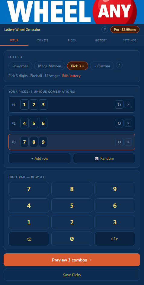 Digit Setup screen with three input rows showing digit tiles, an active row highlighted, and a Preview button at the bottom