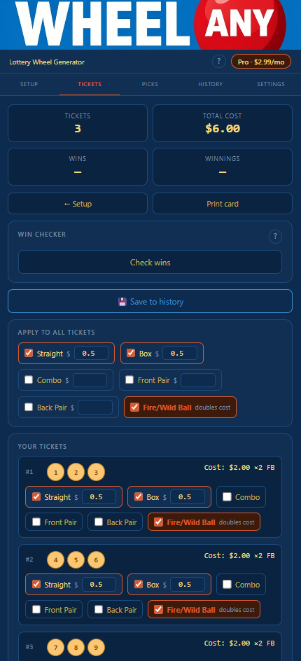 Digit Tickets screen showing master wager controls, per-ticket rows with wager checkboxes and dollar amounts, Fire/Wild Ball column, and save to history button