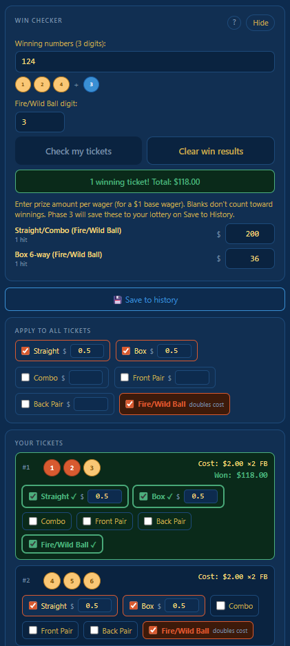 Digit Win Checker showing winning digits input, optional Fire/Wild Ball digit, prize amount fields per wager type, and result banner