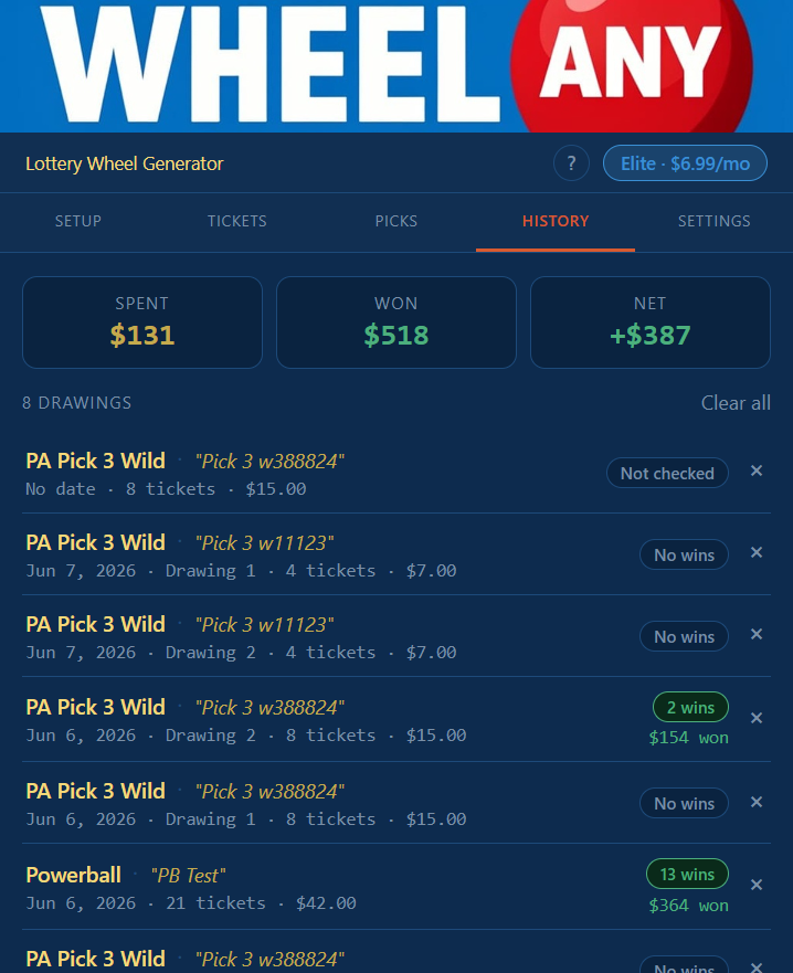 History tab showing Spent/Won/Net stats grid and a compact list of past drawings, each a two-line row with lottery name, date, ticket count, cost, and a win chip on the right