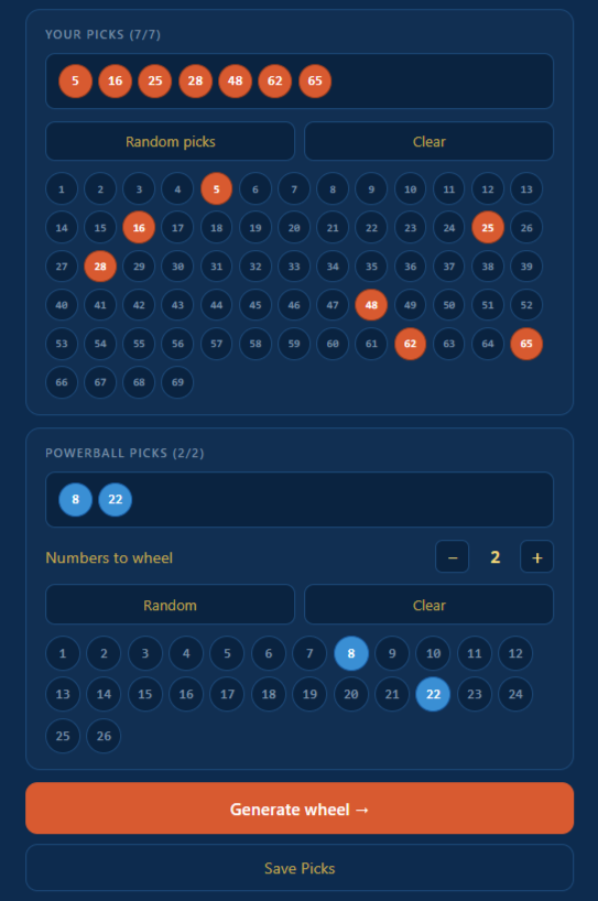 Number selection grid with picks highlighted in orange and Powerball bonus picks in blue below