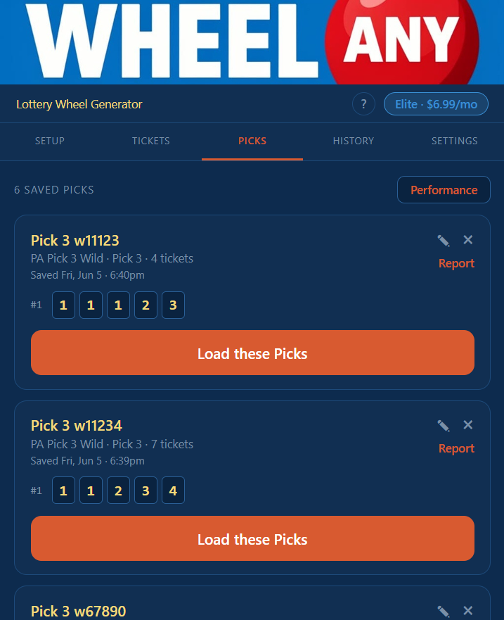Picks tab with a Performance button in the saved-Picks header and saved configurations as cards, each showing name, edit and delete buttons with a Report link, summary line, ball/digit visualization, and Load these Picks button