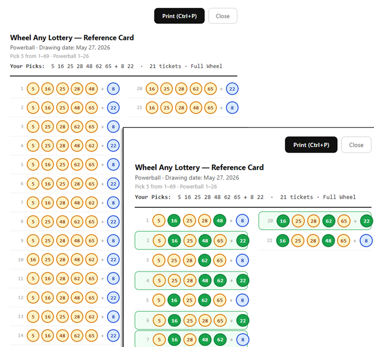 Printable reference card overlay showing the page 1 header, two columns of ticket rows, and a dashed PAGE BREAK indicator between pages