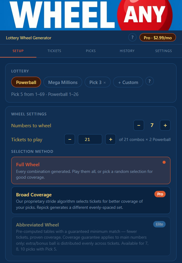 Setup tab showing lottery selector with Powerball active, wheel settings, and three selection method cards