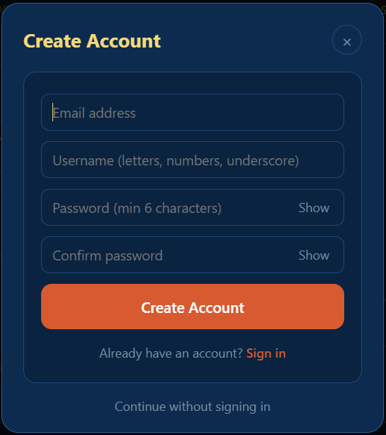 Create Account screen with email, username showing green checkmark, and password fields