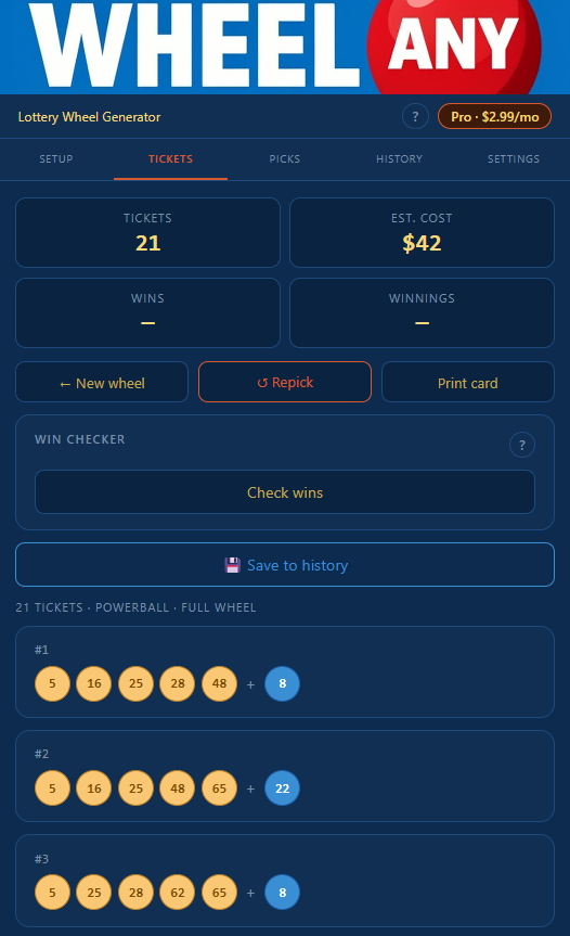 Tickets tab showing stats grid, action buttons, collapsed win checker card, save to history button, and first few tickets