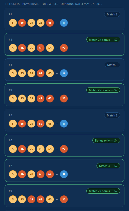 Ticket list with matched numbers highlighted in orange and Match 3 badge on winning ticket