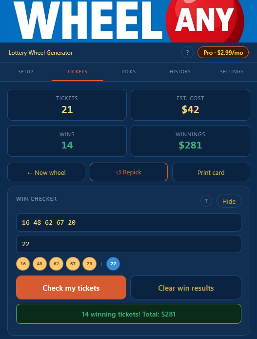 Win checker card with numbers entered, result banner showing 6 winning tickets totalling 60 dollars, and prize entry field
