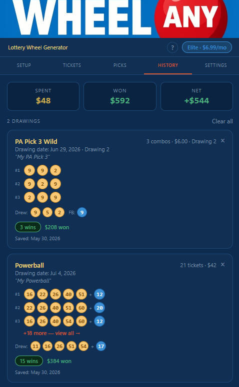 Wheel Any Lottery — History tab showing entries with win badges and running totals