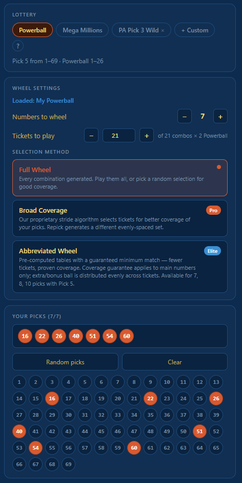 Wheel Any Lottery — lotto-style number picker