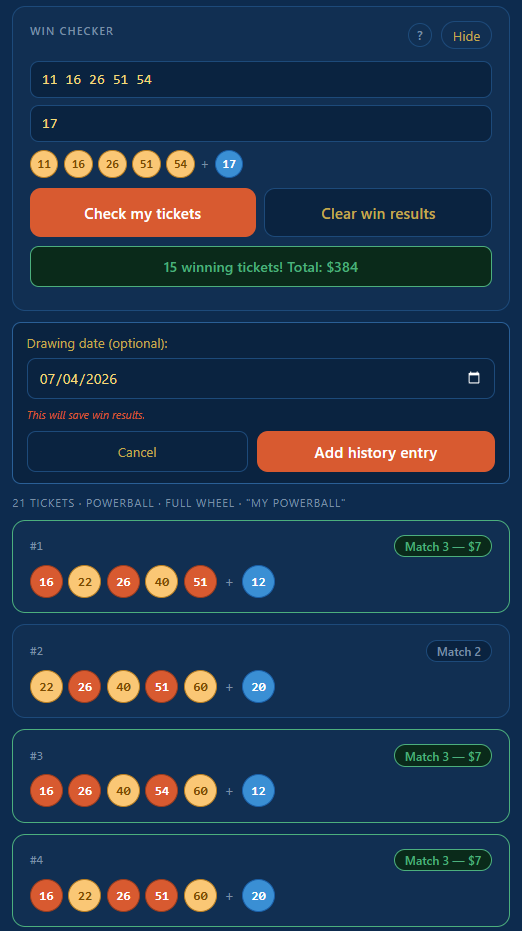 Wheel Any Lottery — win checker with matching tickets highlighted